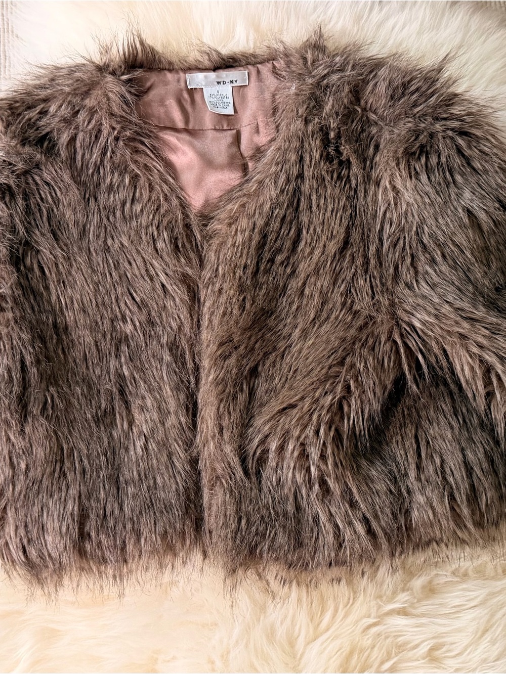 WD.NY Taupe Brown Faux Fur Coat with Satin Lining - Picture 2 of 4